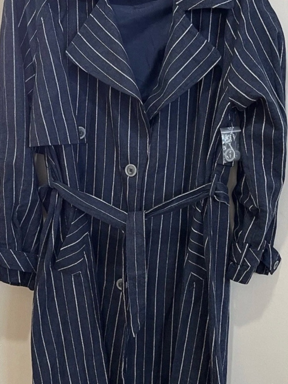 Striped Black Trench Coat - Women's Longline Coat - Picture 5 of 12